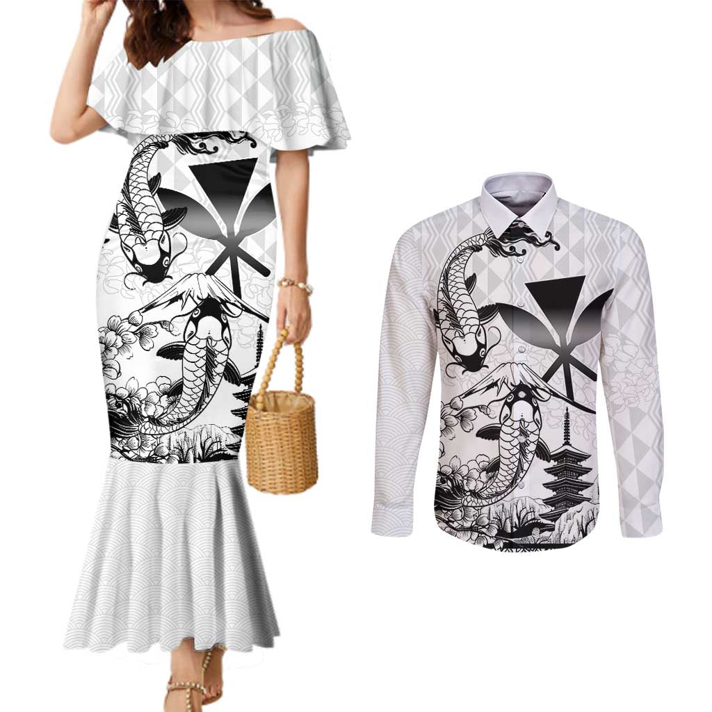 Japan And Hawaii Couples Matching Mermaid Dress and Long Sleeve Button Shirt Sakura Koi Fish Hawaiian Lei Kanaka LT14 White - Polynesian Pride