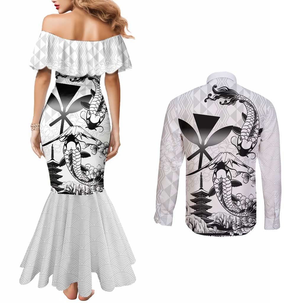 Japan And Hawaii Couples Matching Mermaid Dress and Long Sleeve Button Shirt Sakura Koi Fish Hawaiian Lei Kanaka LT14 - Polynesian Pride