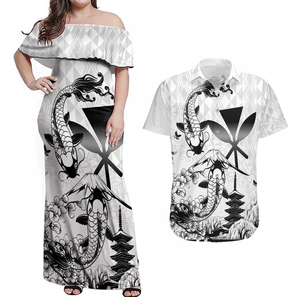 Japan And Hawaii Couples Matching Off Shoulder Maxi Dress and Hawaiian Shirt Sakura Koi Fish Hawaiian Lei Kanaka LT14 White - Polynesian Pride
