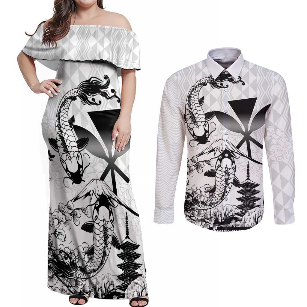 Japan And Hawaii Couples Matching Off Shoulder Maxi Dress and Long Sleeve Button Shirt Sakura Koi Fish Hawaiian Lei Kanaka LT14 White - Polynesian Pride