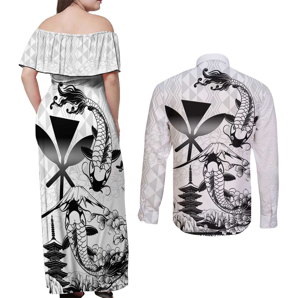 Japan And Hawaii Couples Matching Off Shoulder Maxi Dress and Long Sleeve Button Shirt Sakura Koi Fish Hawaiian Lei Kanaka LT14 - Polynesian Pride