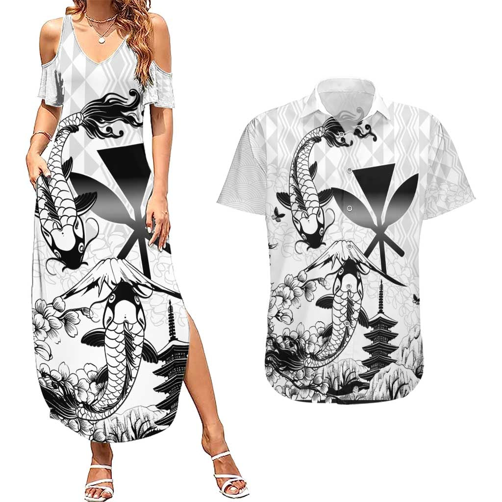 Japan And Hawaii Couples Matching Summer Maxi Dress and Hawaiian Shirt Sakura Koi Fish Hawaiian Lei Kanaka LT14 White - Polynesian Pride