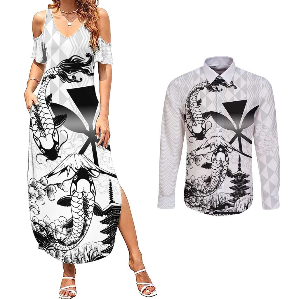 Japan And Hawaii Couples Matching Summer Maxi Dress and Long Sleeve Button Shirt Sakura Koi Fish Hawaiian Lei Kanaka LT14 White - Polynesian Pride