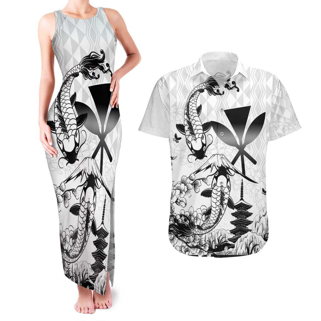 Japan And Hawaii Couples Matching Tank Maxi Dress and Hawaiian Shirt Sakura Koi Fish Hawaiian Lei Kanaka LT14 White - Polynesian Pride