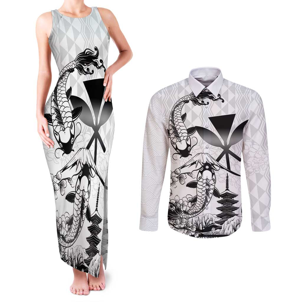 Japan And Hawaii Couples Matching Tank Maxi Dress and Long Sleeve Button Shirt Sakura Koi Fish Hawaiian Lei Kanaka LT14 White - Polynesian Pride