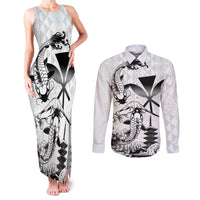 Japan And Hawaii Couples Matching Tank Maxi Dress and Long Sleeve Button Shirt Sakura Koi Fish Hawaiian Lei Kanaka LT14 White - Polynesian Pride