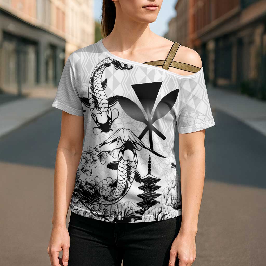 Japan And Hawaii Cross Shoulder Shirt Sakura Koi Fish Hawaiian Lei Kanaka LT14 - Polynesian Pride