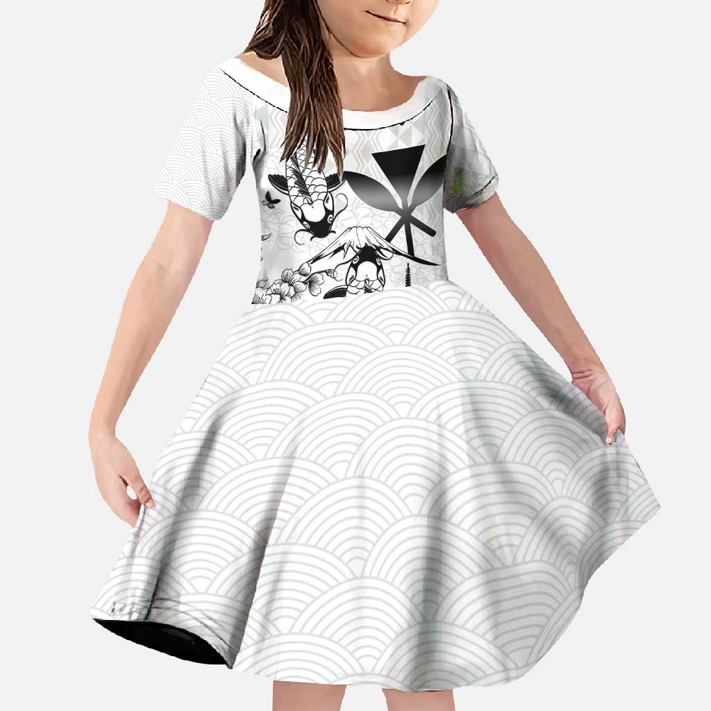 Japan And Hawaii Family Matching Mermaid Dress and Hawaiian Shirt Sakura Koi Fish Hawaiian Lei Kanaka LT14 Daughter's Dress White - Polynesian Pride