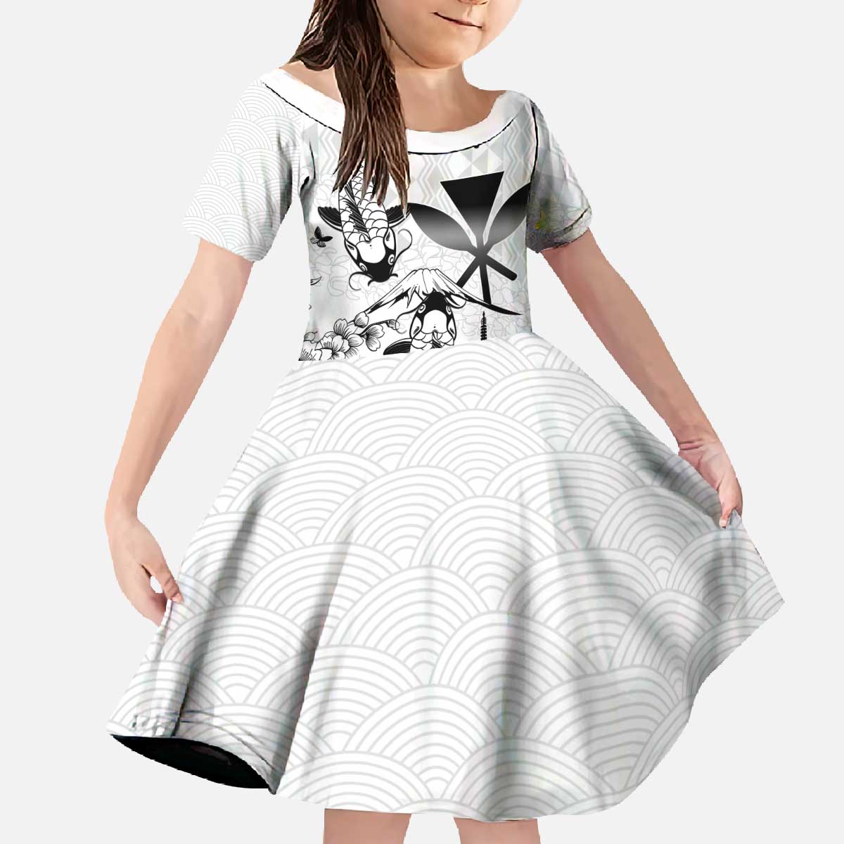 Japan And Hawaii Family Matching Off The Shoulder Long Sleeve Dress and Hawaiian Shirt Sakura Koi Fish Hawaiian Lei Kanaka - Polynesian Pride