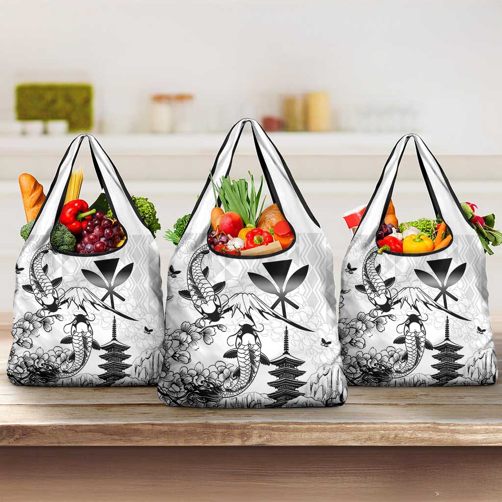 Japan And Hawaii Grocery Bag Sakura Koi Fish Hawaiian Lei Kanaka LT14 3-pack One Size White - Polynesian Pride