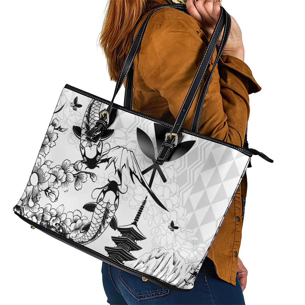 Japan And Hawaii Leather Tote Bag Sakura Koi Fish Hawaiian Lei Kanaka - Polynesian Pride