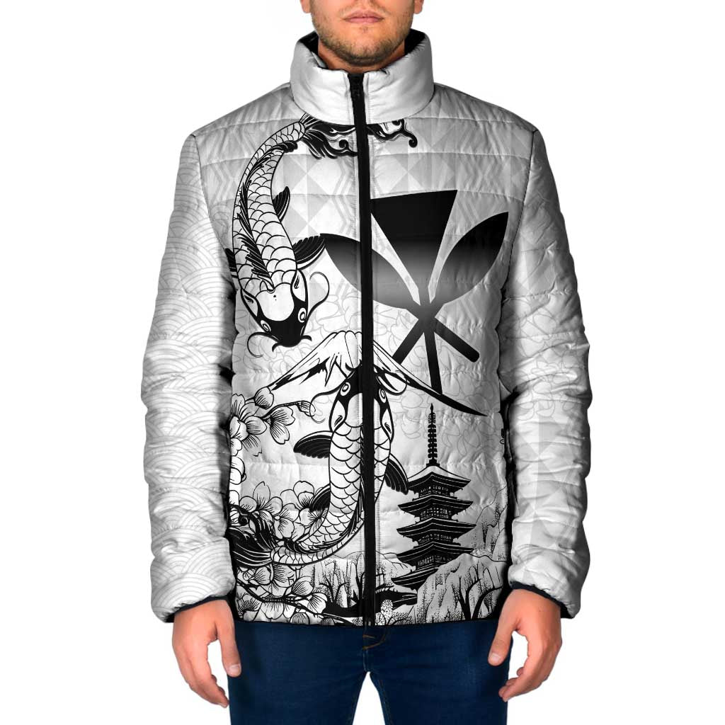 Japan And Hawaii Padded Jacket Sakura Koi Fish Hawaiian Lei Kanaka LT14 Men White - Polynesian Pride