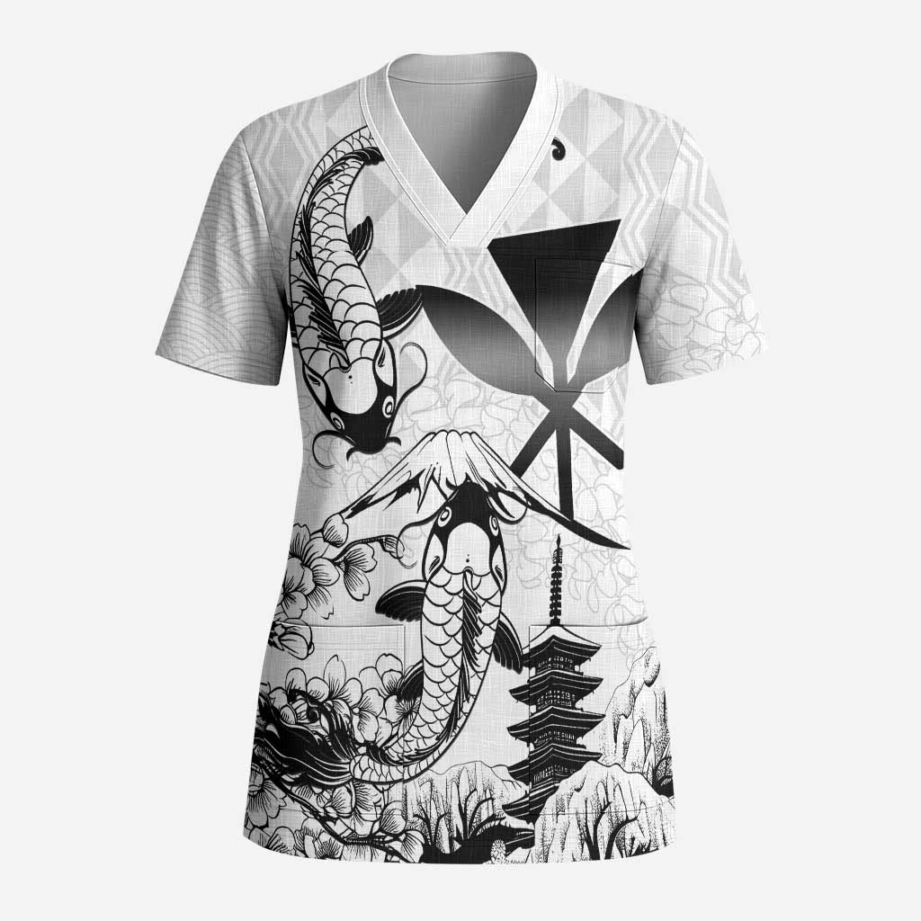 Japan And Hawaii Scrub Top Sakura Koi Fish Hawaiian Lei Kanaka LT14 Adult White - Polynesian Pride