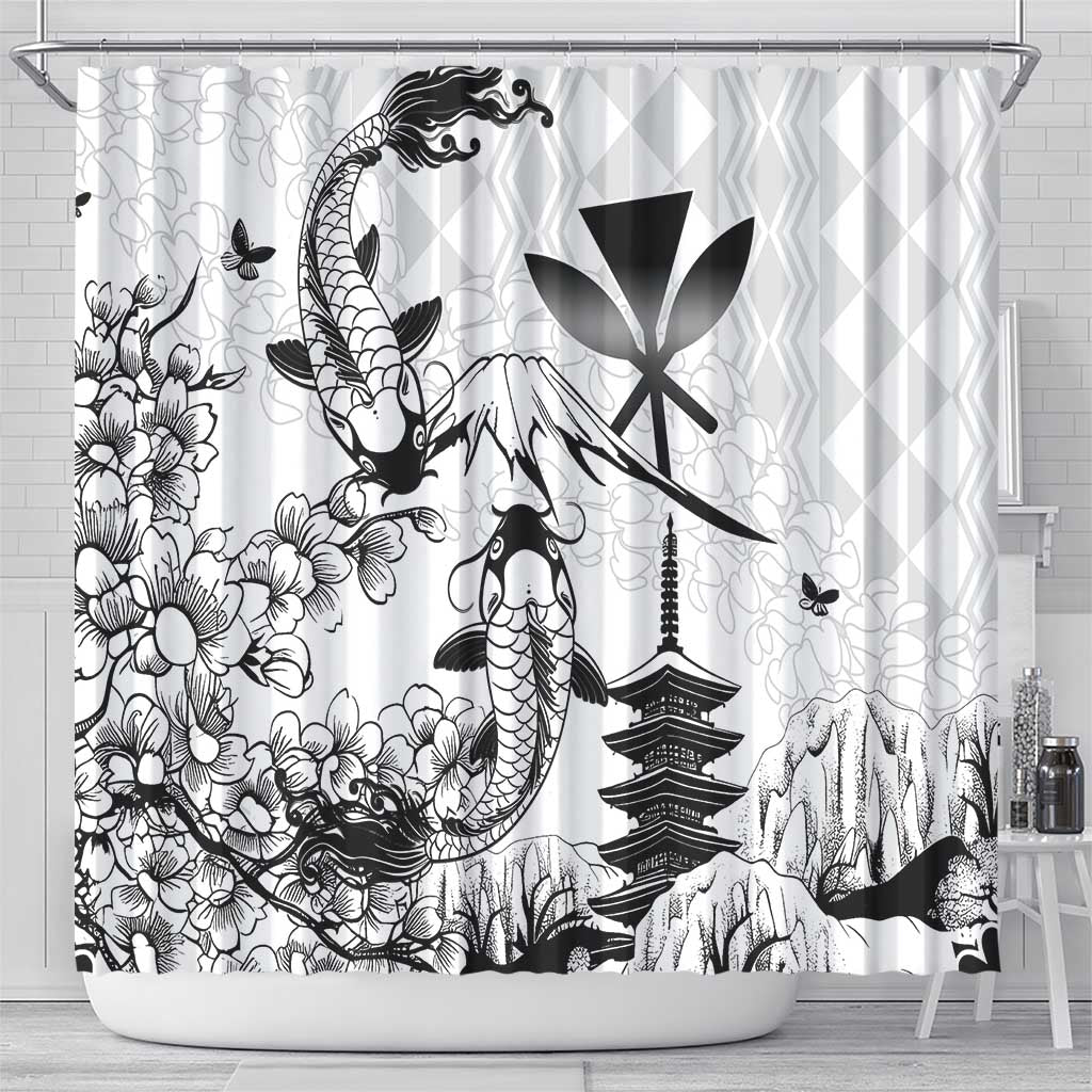 Japan And Hawaii Shower Curtain Sakura Koi Fish Hawaiian Lei Kanaka - Polynesian Pride
