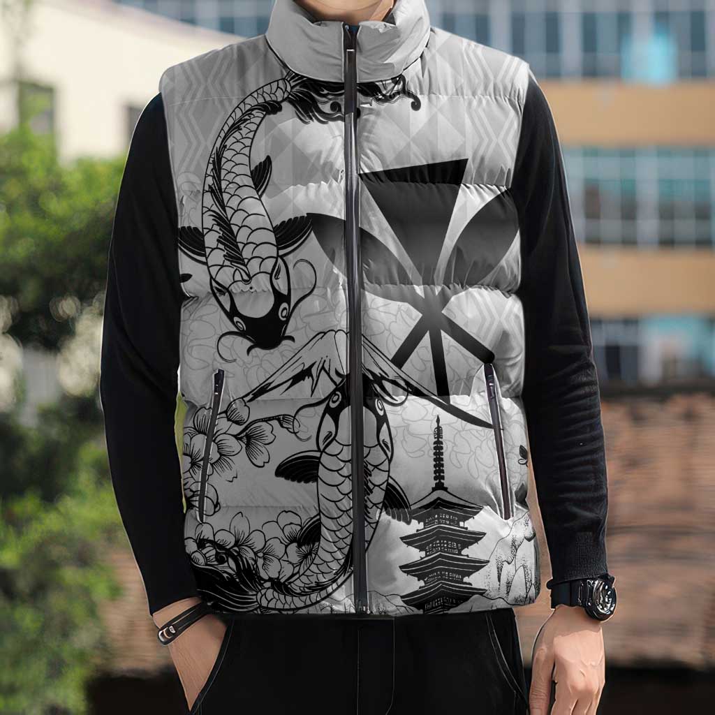Japan And Hawaii Sleeveless Puffer Jacket Sakura Koi Fish Hawaiian Lei Kanaka LT14 - Polynesian Pride