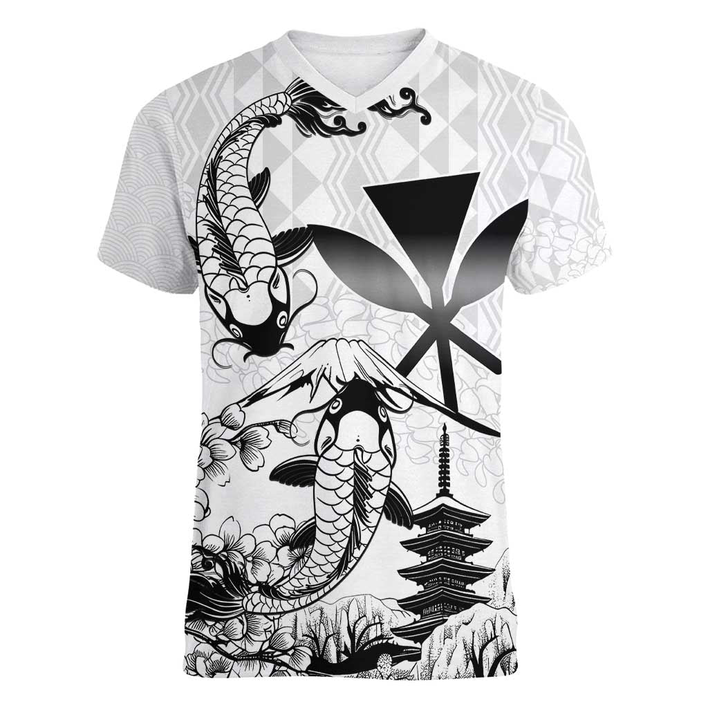 Japan And Hawaii Women V-Neck T-Shirt Sakura Koi Fish Hawaiian Lei Kanaka - Polynesian Pride