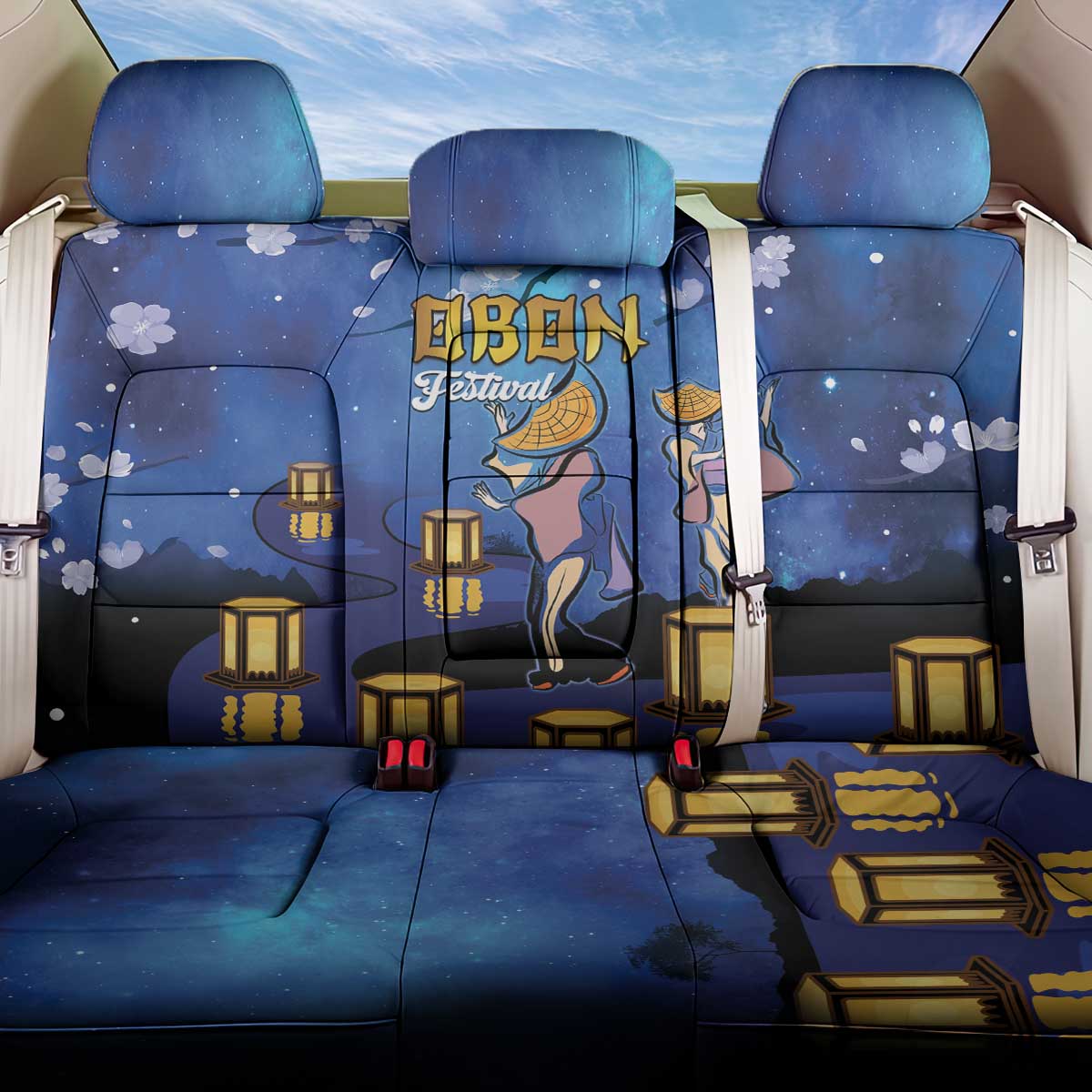 Japan Obon Festival Back Car Seat Cover Sakura Lanterns With Bon Dance - Polynesian Pride