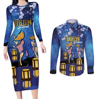 Japan Obon Festival Couples Matching Long Sleeve Bodycon Dress and Long Sleeve Button Shirt Sakura Lanterns With Bon Dance - Polynesian Pride