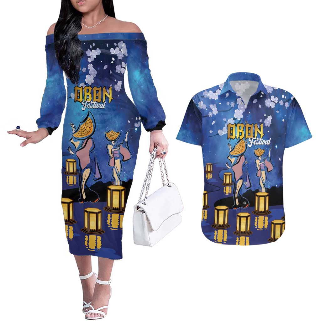 Japan Obon Festival Couples Matching Off The Shoulder Long Sleeve Dress and Hawaiian Shirt Sakura Lanterns With Bon Dance LT14 Blue - Polynesian Pride