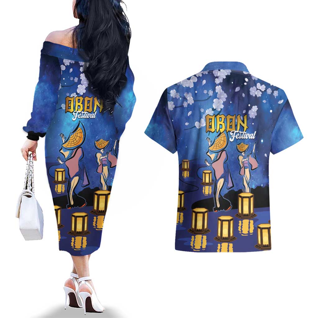 Japan Obon Festival Couples Matching Off The Shoulder Long Sleeve Dress and Hawaiian Shirt Sakura Lanterns With Bon Dance - Polynesian Pride