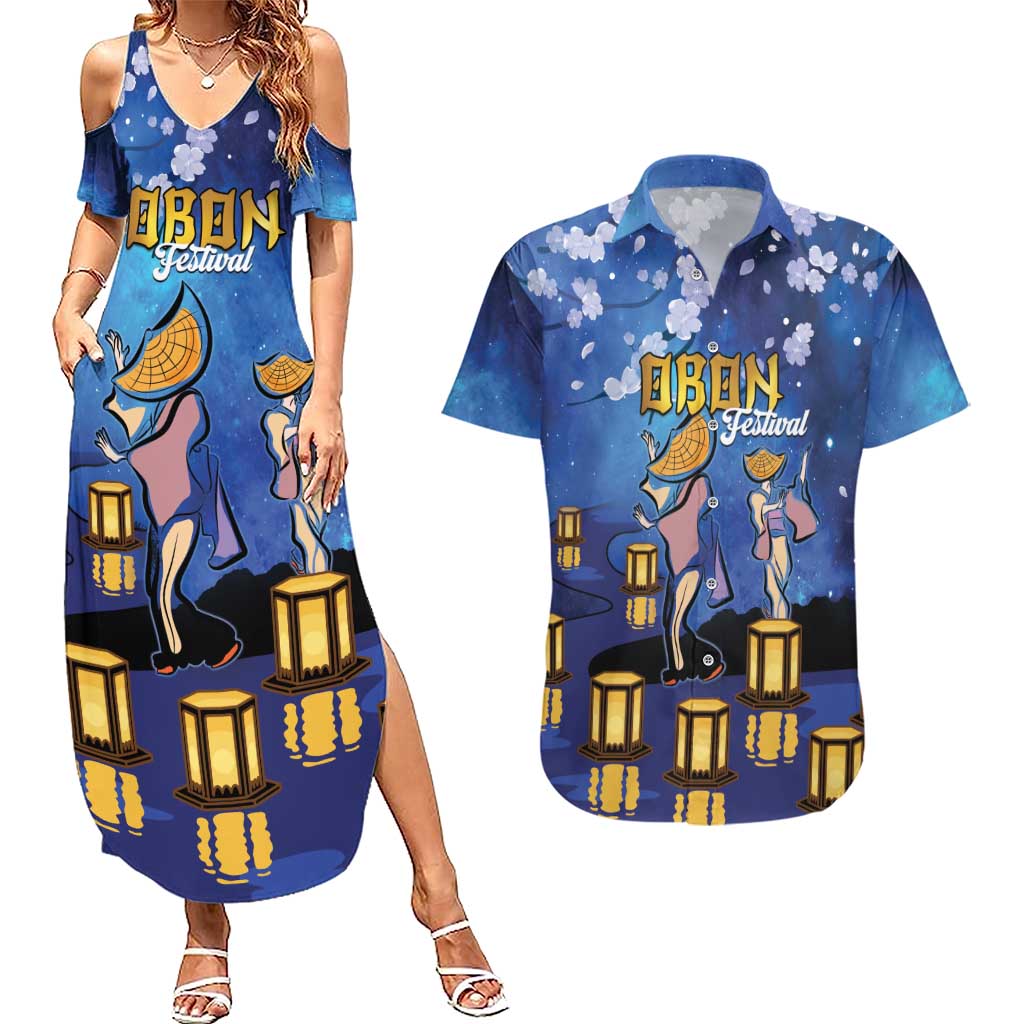 Japan Obon Festival Couples Matching Summer Maxi Dress and Hawaiian Shirt Sakura Lanterns With Bon Dance LT14 Blue - Polynesian Pride