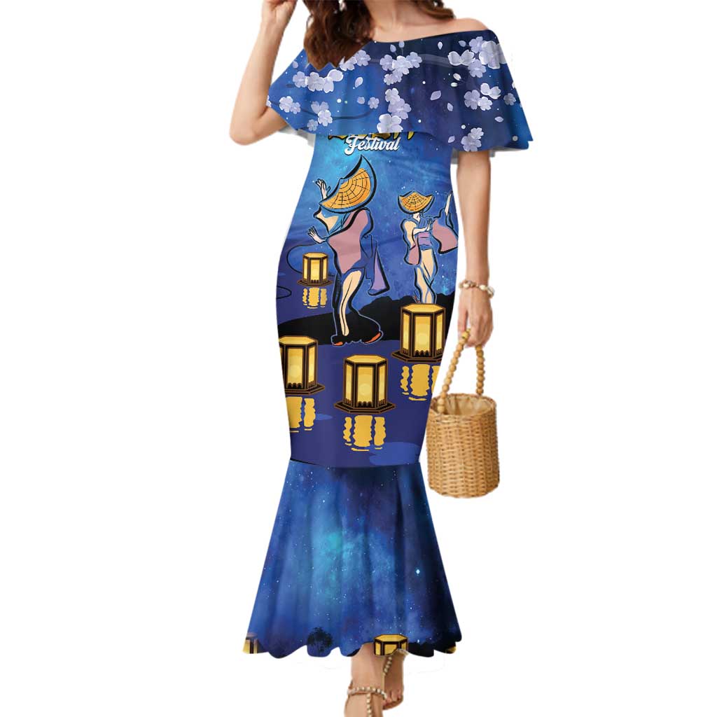 Japan Obon Festival Family Matching Mermaid Dress and Hawaiian Shirt Sakura Lanterns With Bon Dance - Polynesian Pride