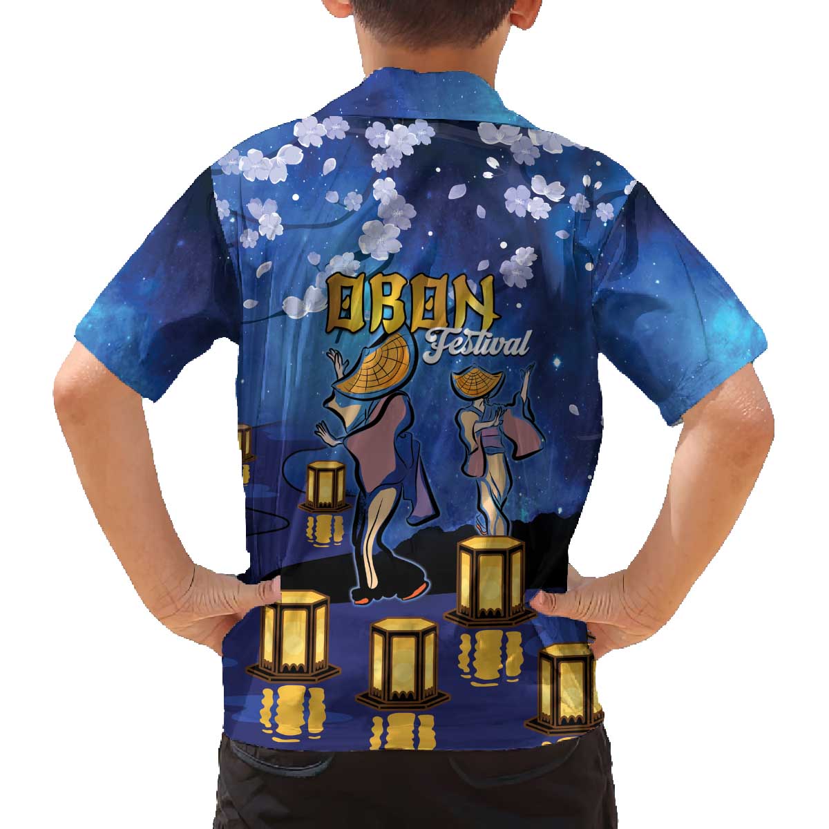 Japan Obon Festival Family Matching Off The Shoulder Long Sleeve Dress and Hawaiian Shirt Sakura Lanterns With Bon Dance - Polynesian Pride
