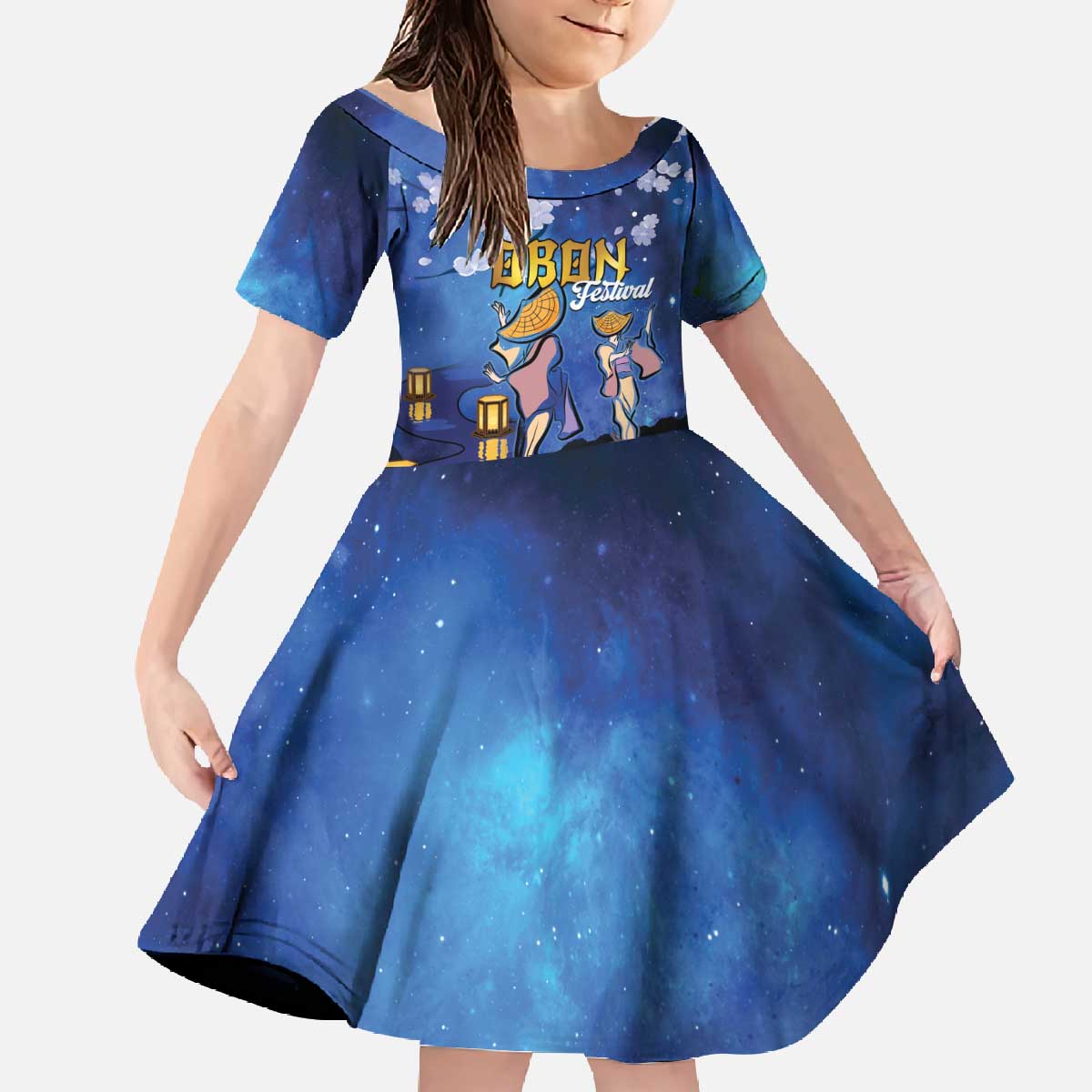 Japan Obon Festival Family Matching Off The Shoulder Long Sleeve Dress and Hawaiian Shirt Sakura Lanterns With Bon Dance - Polynesian Pride