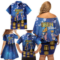Japan Obon Festival Family Matching Off Shoulder Short Dress and Hawaiian Shirt Sakura Lanterns With Bon Dance - Polynesian Pride