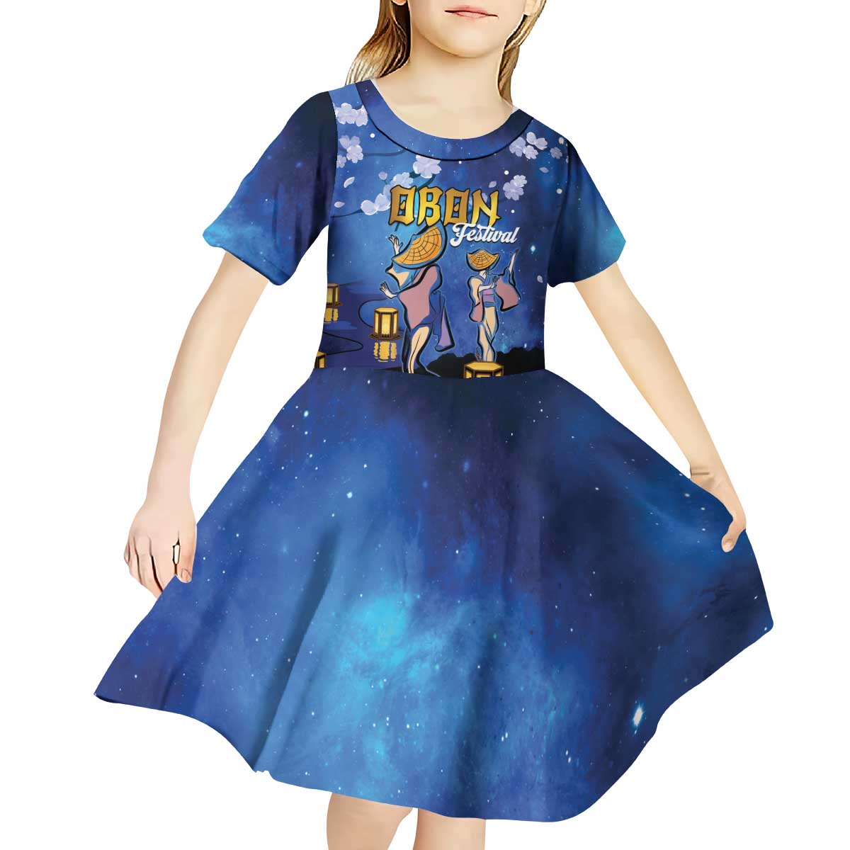 Japan Obon Festival Kid Short Sleeve Dress Sakura Lanterns With Bon Dance - Polynesian Pride