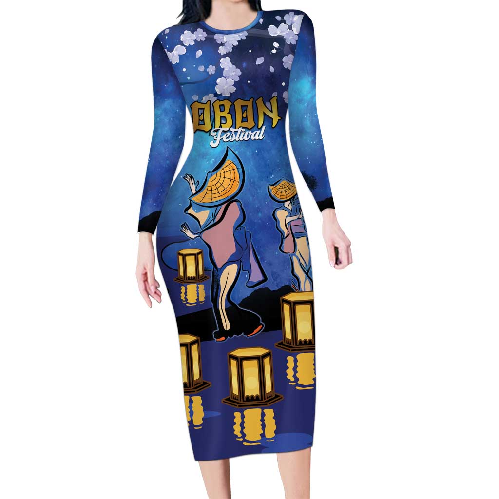 Japan Obon Festival Long Sleeve Bodycon Dress Sakura Lanterns With Bon Dance - Polynesian Pride