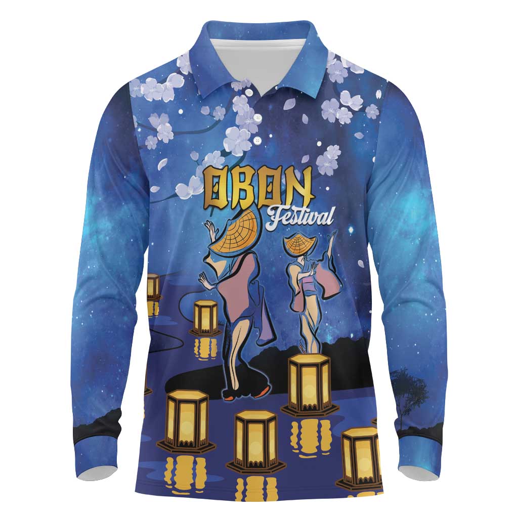 Japan Obon Festival Long Sleeve Polo Shirt Sakura Lanterns With Bon Dance - Polynesian Pride