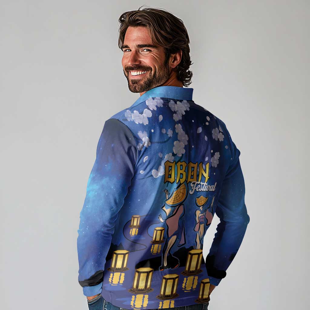 Japan Obon Festival Long Sleeve Polo Shirt Sakura Lanterns With Bon Dance - Polynesian Pride