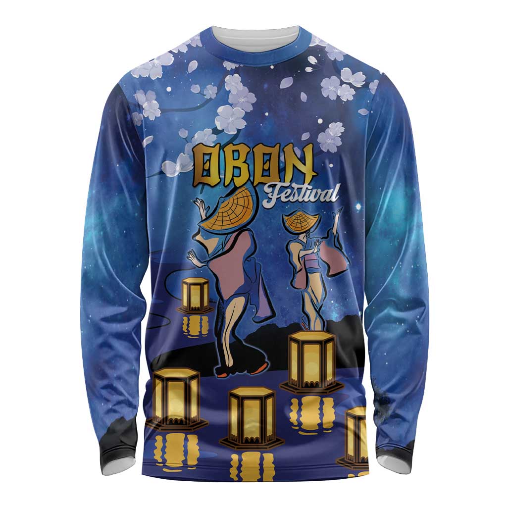 Japan Obon Festival Long Sleeve Shirt Sakura Lanterns With Bon Dance LT14 Unisex Blue - Polynesian Pride