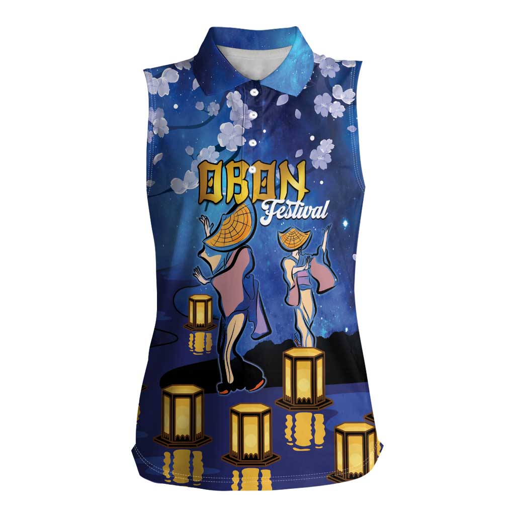 Japan Obon Festival Women Sleeveless Polo Shirt Sakura Lanterns With Bon Dance - Polynesian Pride