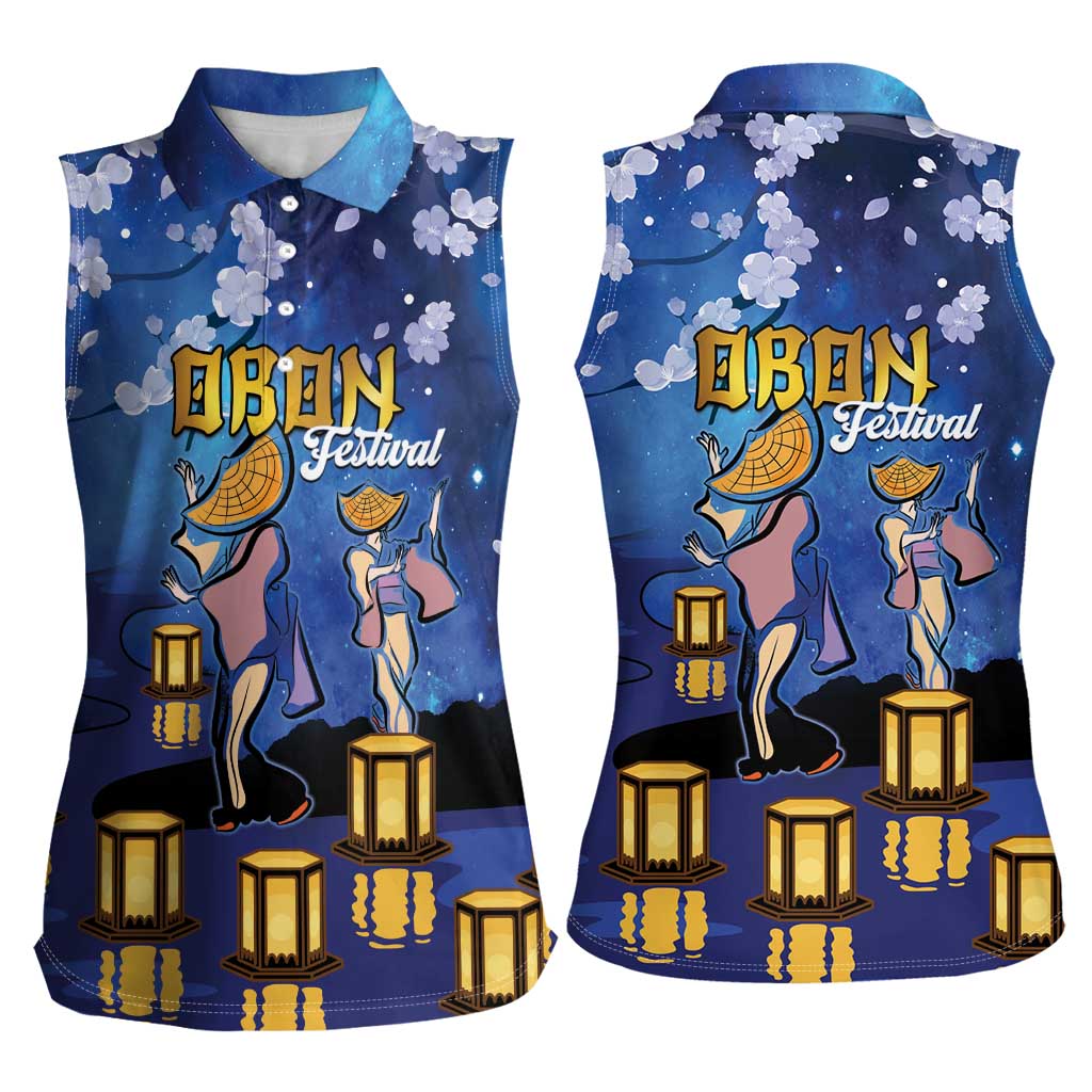 Japan Obon Festival Women Sleeveless Polo Shirt Sakura Lanterns With Bon Dance - Polynesian Pride