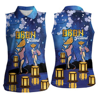 Japan Obon Festival Women Sleeveless Polo Shirt Sakura Lanterns With Bon Dance - Polynesian Pride