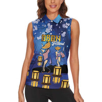 Japan Obon Festival Women Sleeveless Polo Shirt Sakura Lanterns With Bon Dance - Polynesian Pride