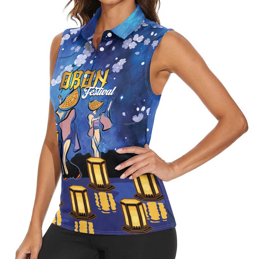 Japan Obon Festival Women Sleeveless Polo Shirt Sakura Lanterns With Bon Dance - Polynesian Pride