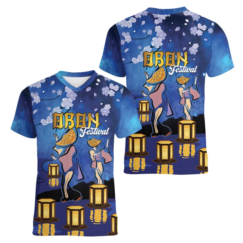 Japan Obon Festival Women V-Neck T-Shirt Sakura Lanterns With Bon Dance - Polynesian Pride