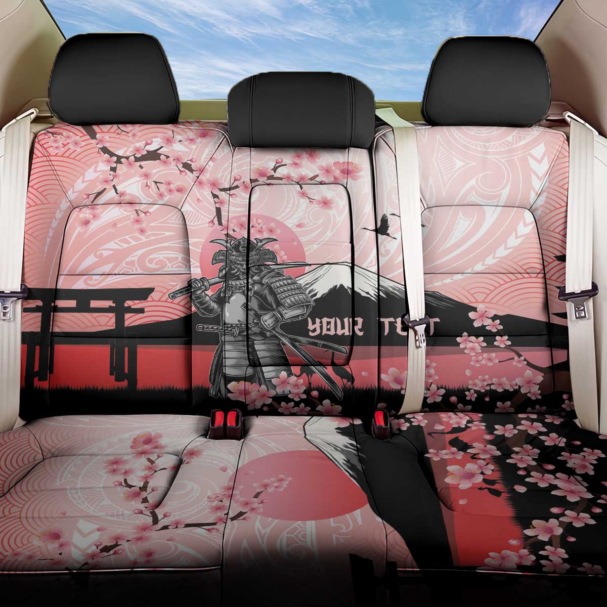Personalised Japan Samurai Warrior Back Car Seat Cover Japanese Cherry Blossom Polynesian Pattern - Polynesian Pride