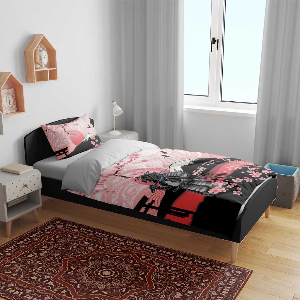 Personalised Japan Samurai Warrior Bedding Set Japanese Cherry Blossom Polynesian Pattern - Polynesian Pride