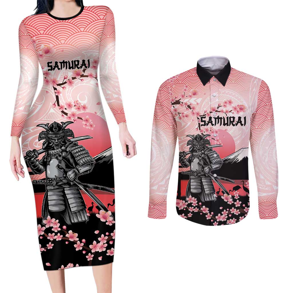 Personalised Japan Samurai Warrior Couples Matching Long Sleeve Bodycon Dress and Long Sleeve Button Shirt Japanese Cherry Blossom Polynesian Pattern - Polynesian Pride