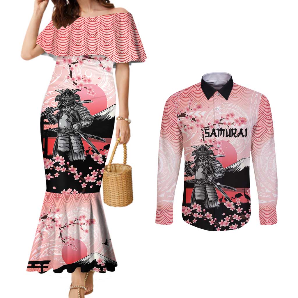 Personalised Japan Samurai Warrior Couples Matching Mermaid Dress and Long Sleeve Button Shirt Japanese Cherry Blossom Polynesian Pattern - Polynesian Pride