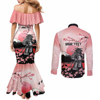 Personalised Japan Samurai Warrior Couples Matching Mermaid Dress and Long Sleeve Button Shirt Japanese Cherry Blossom Polynesian Pattern LT14 - Polynesian Pride