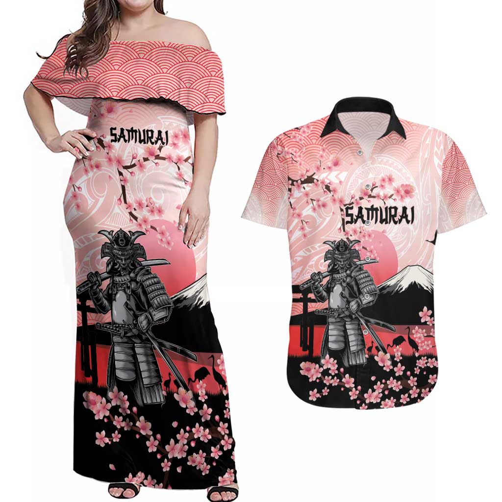 Personalised Japan Samurai Warrior Couples Matching Off Shoulder Maxi Dress and Hawaiian Shirt Japanese Cherry Blossom Polynesian Pattern - Polynesian Pride