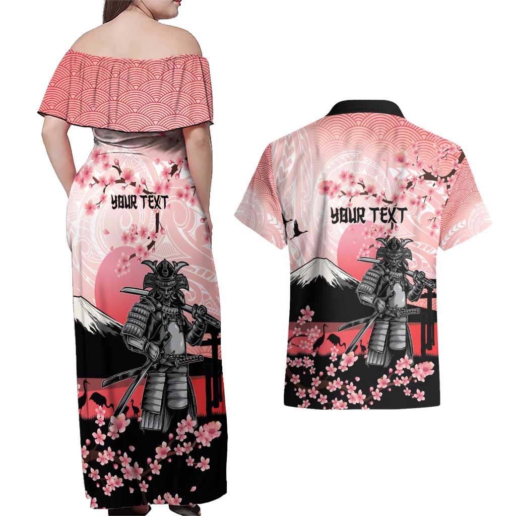 Personalised Japan Samurai Warrior Couples Matching Off Shoulder Maxi Dress and Hawaiian Shirt Japanese Cherry Blossom Polynesian Pattern - Polynesian Pride