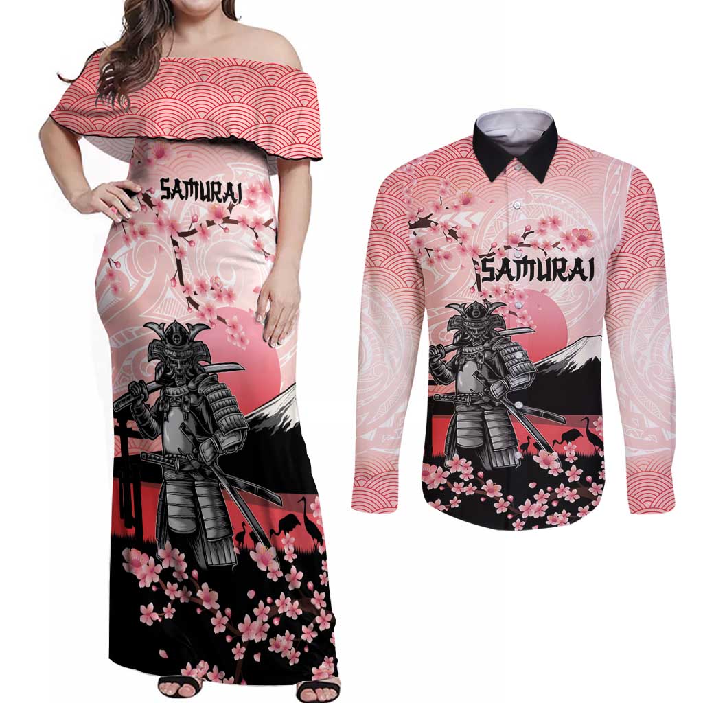Personalised Japan Samurai Warrior Couples Matching Off Shoulder Maxi Dress and Long Sleeve Button Shirt Japanese Cherry Blossom Polynesian Pattern - Polynesian Pride