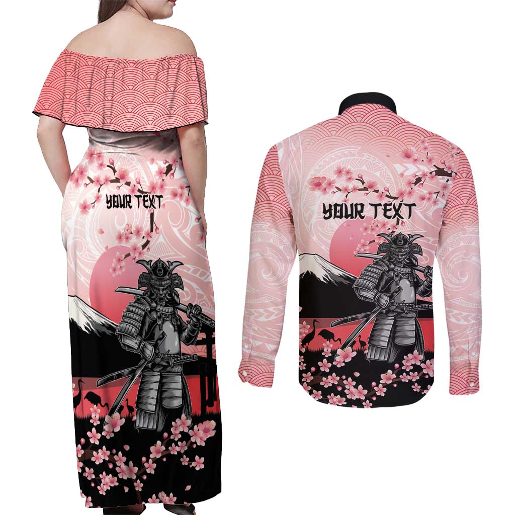 Personalised Japan Samurai Warrior Couples Matching Off Shoulder Maxi Dress and Long Sleeve Button Shirt Japanese Cherry Blossom Polynesian Pattern LT14 - Polynesian Pride
