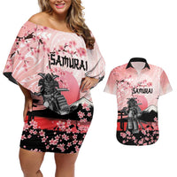 Personalised Japan Samurai Warrior Couples Matching Off Shoulder Short Dress and Hawaiian Shirt Japanese Cherry Blossom Polynesian Pattern - Polynesian Pride